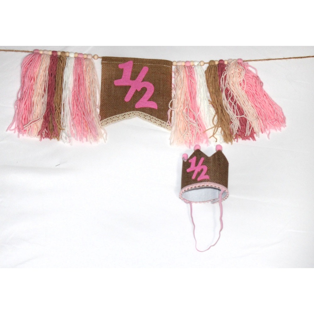 Burlap 1/2 Birthday Banner and Crown Set Pink Tassel High Chair Decor Photo Prop